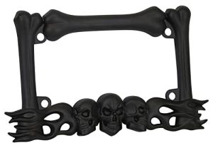 TC Sportline LPF260-BK 3D Skull Flames and Bones Style Zinc Metal Matte Black Finished Motorcycle License Plate Frame