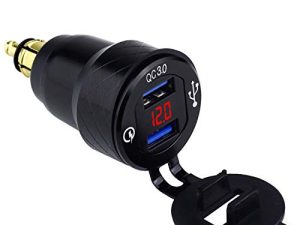 Cllena DIN Hella Plug to Dual Quick Charge 3.0 USB Charger Adapter with LED Voltmeter for BMW Motorcycle (Red)