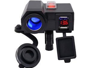 BlueFire® 5V/2.1A Dual USB Charger Socket Waterproof Motorcycle Handlebar Clamp Power Adapter Charger USB Charging System with Cigarette Lighter Socket and Voltmeter for Phones/Tablets/GPS