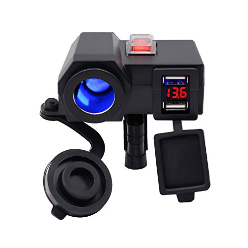 BlueFire® 5V/2.1A Dual USB Charger Socket Waterproof Motorcycle Handlebar Clamp Power Adapter Charger USB Charging System with Cigarette Lighter Socket and Voltmeter for Phones/Tablets/GPS BlueFire® 5V/2.1A Dual USB Charger Socket Waterproof Motorcycle Handlebar Clamp Power Adapter Charger USB Charging System with Cigarette Lighter Socket and Voltmeter for Phones/Tablets/GPS