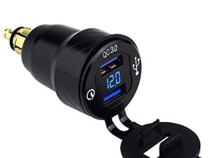Cllena DIN Hella Plug to Dual Quick Charge 3.0 USB Charger Adapter with LED Voltmeter for BMW Motorcycle (Blue)