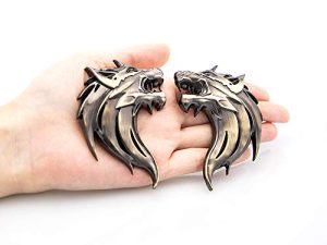 CARRUN 2pcs 3D Wolf Head Metal Emblem Car Motorcycles Side Fender Rear Styling Emblem Badge Decal (Gold)