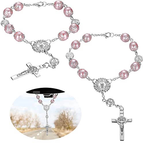 Saint Benedict Car Rosary 2 Pcs Rearview Mirror Auto Rosary Hanging Personalized Car Cross Blessing Catholic Car Medal for Truck Bike Motorcycle Car Mirror Hanging Accessories Decors (Pink) Saint Benedict Car Rosary 2 Pcs Rearview Mirror Auto Rosary Hanging Personalized Car Cross Blessing Catholic Car Medal for Truck Bike Motorcycle Car Mirror Hanging Accessories Decors (Pink)