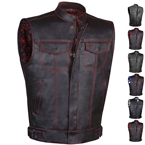 SOA Men's Leather Motorcycle Concealed Gun Pockets Biker Club Vest w/Armor Paisley Red S SOA Men's Leather Motorcycle Concealed Gun Pockets Biker Club Vest w/Armor Paisley Red S