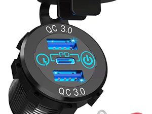 12v USB C Car Charger Socket - 12v USB Outlet Aluminum Metal 20W PD Type-C and 18W QC3.0 Multi Car USB Ports with Touch Switch Car Outlet Waterproof for Car Boat Marine RV Golf Cart Motorcycle