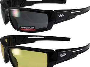 2 Pair of Global Vision Sly Padded Motorcycle Sunglasses Gloss Black Frames 1 Smoke Lens and 1 Yellow Lens