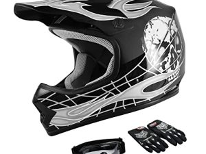 TCT-MOTORPARTS DOT Motocross Helmet+Goggles+Gloves Youth Kids Black Skull Dirt Bike Helmet ATV Off-Road Child Gloves Helmet Goggles (Small)