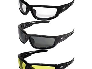 4 Pair of Global Vision Sly Padded Motorcycle Sunglasses Black Frames 1 Clear 1 Smoke Lens & 1 Yellow Lens (Clear Smoke & Yellow)