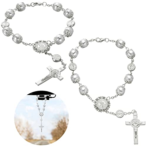 Saint Benedict Car Rosary 2 Pcs Rearview Mirror Auto Rosary Hanging Personalized Car Cross Blessing Catholic Car Medal for Truck Bike Motorcycle Car Mirror Hanging Accessories Interior Decors (Silver) Saint Benedict Car Rosary 2 Pcs Rearview Mirror Auto Rosary Hanging Personalized Car Cross Blessing Catholic Car Medal for Truck Bike Motorcycle Car Mirror Hanging Accessories Interior Decors (Silver)