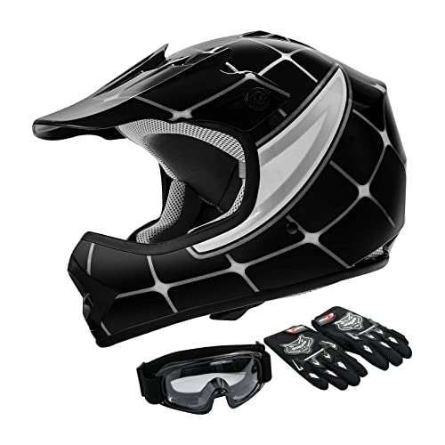 TCT-MOTORPARTS DOT Youth ATV Helmets w/Goggles+Gloves Kids Motocross Offroad Street Dirt Bike Helmet+Gloves+Goggles Black Spider Small TCT-MOTORPARTS DOT Youth ATV Helmets w/Goggles+Gloves Kids Motocross Offroad Street Dirt Bike Helmet+Gloves+Goggles Black Spider Small
