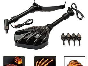 Pairs of Distinctive Skull Skeleton Hand Rearview Side Mirror with Turn Signals for Motorcycle with 8mm 10mm Thread Bolts