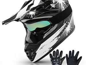 TCT-MT DOT Youth Kids ATV Motocross Offroad Street Helmet Full Face Motorcycle Off-Road ATV Helmet Dirt Bike Motocross Helmet+Gloves+Goggles-Black w/Black Fireworks