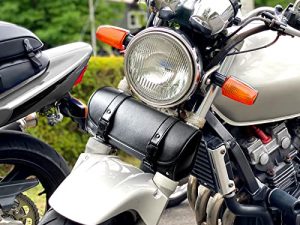 Sresk Universal PU Leather Motorcycle Fork Bag Saddlebags Handlebar Bag Sissy Bar Storage Tool Bag for Kawasaki Suzuki Yamaha Sportster (B)