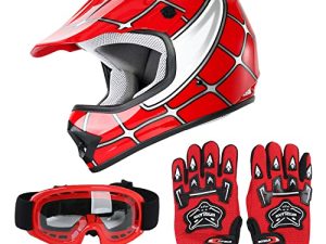 SLMOTO Dot Youth Kids Helmet Motocross Offroad Street Helmet Motorcycle Helmet Dirt Bike Motocross ATV Red Spider Design Helmet+Goggles+Gloves Large