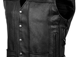 Leather Motorcycle Vest For Men Black Classic Vintage Club Riding Biker Vests With Concealed Gun Pocket (XL)