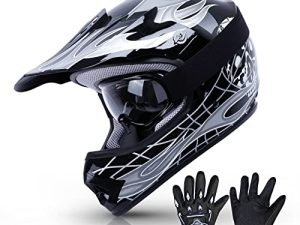 TCT-MT ATV Helmet+Goggles+Gloves DOT Youth Helmet Motocross Hot Black Skull Dirt Bike Helmet Motorcycle Off-Road ATV Helmet Small