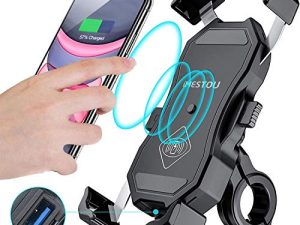 iMESTOU Waterproof Motorcycle Wireless 15W Qi/ USB Quick Charger 3.0 Phone Holder 2 in 1 Mount on 22-32mm Handlebar or Rear-View Mirror Fast Charging for 3.5-6.8 inch Cellphones