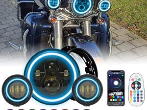 SUNPIE Compatible with H_arley Motorcycles 7 inch RGBW Halo LED Headlight Bulb Black+4-1/2 inch RGBW Fog Lights with Mounting Bracket Waterproof App Remote Control Custom Colors Voice/Music Mode